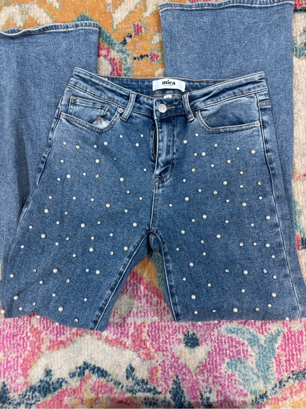 Mica Pearl-Embellished Blue Straight-Leg Jeans